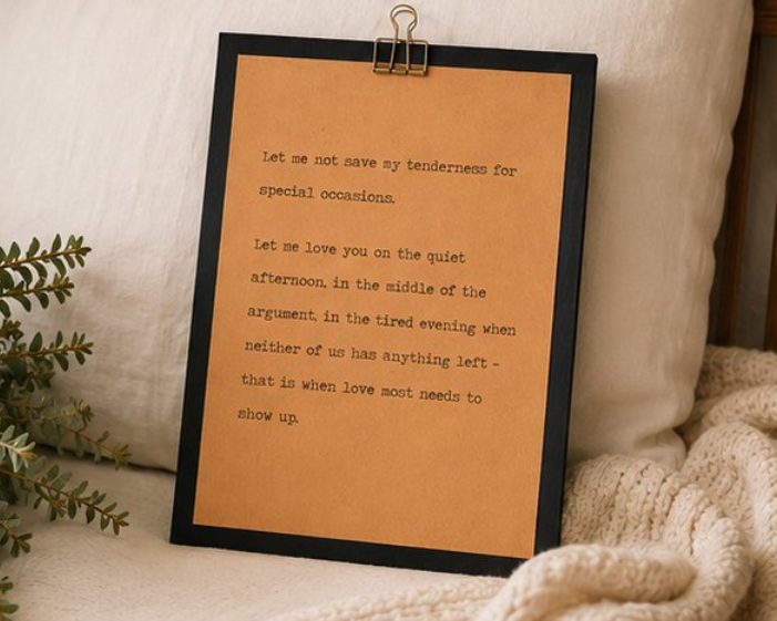 Minimal marriage wood sign featuring a heartfelt quote displayed on a bed with neutral pillows and a knit blanket