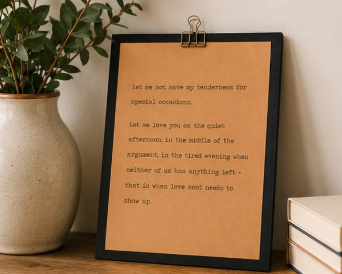 Meaningful love quote wood sign with black border and kraft paper design styled beside a vase and stacked books
