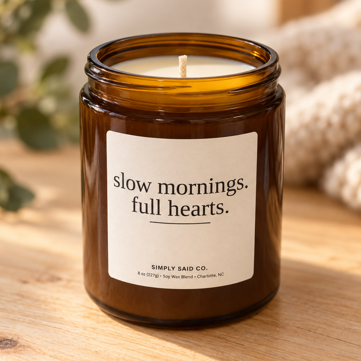 Slow Mornings Full Hearts amber jar soy candle by Simply Said Co