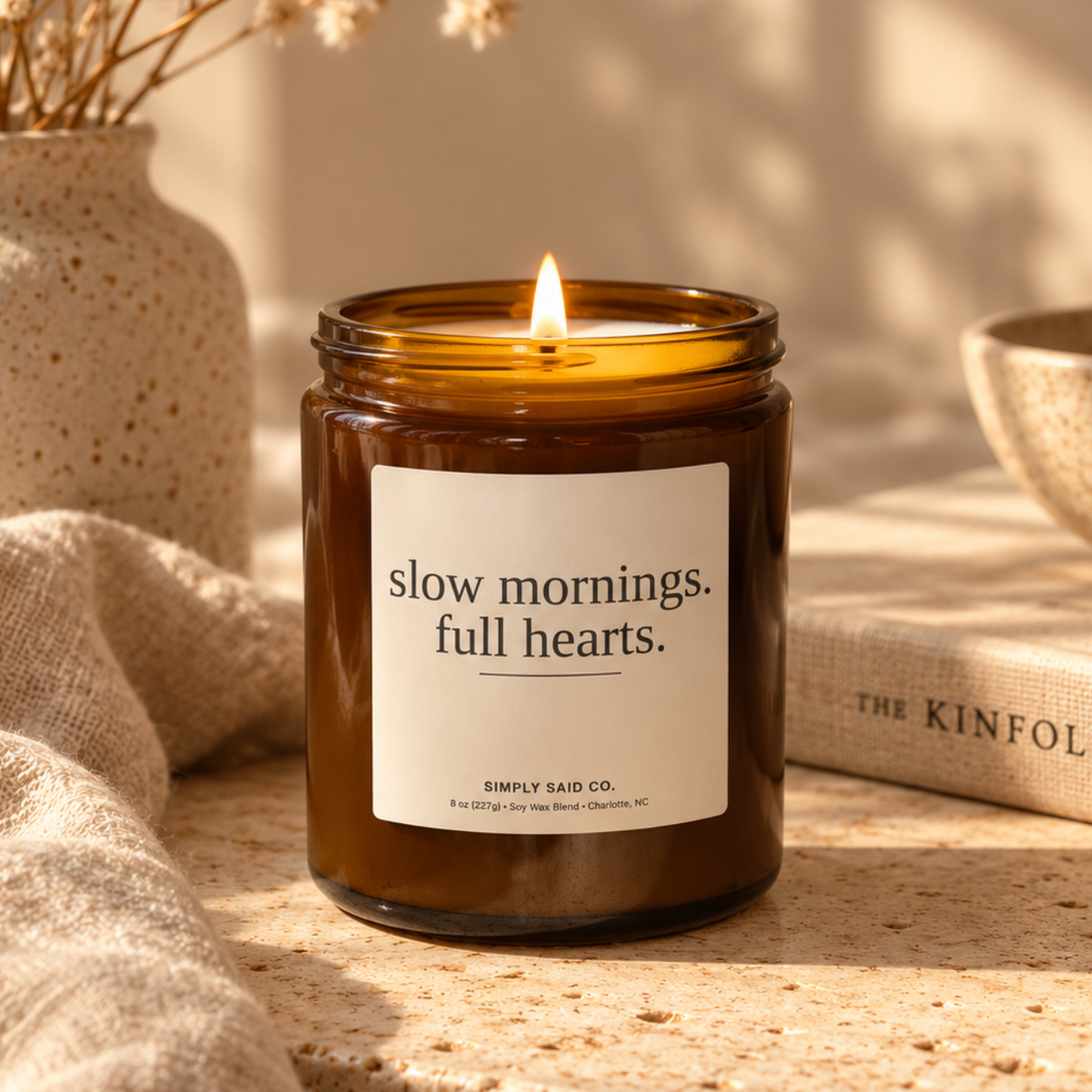 Minimalist soy candle gift with bergamot tea and sandalwood fragrance